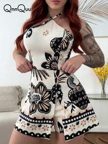 女士热带花卉系带连体裤，夏季 - 彩色 - 查看 3