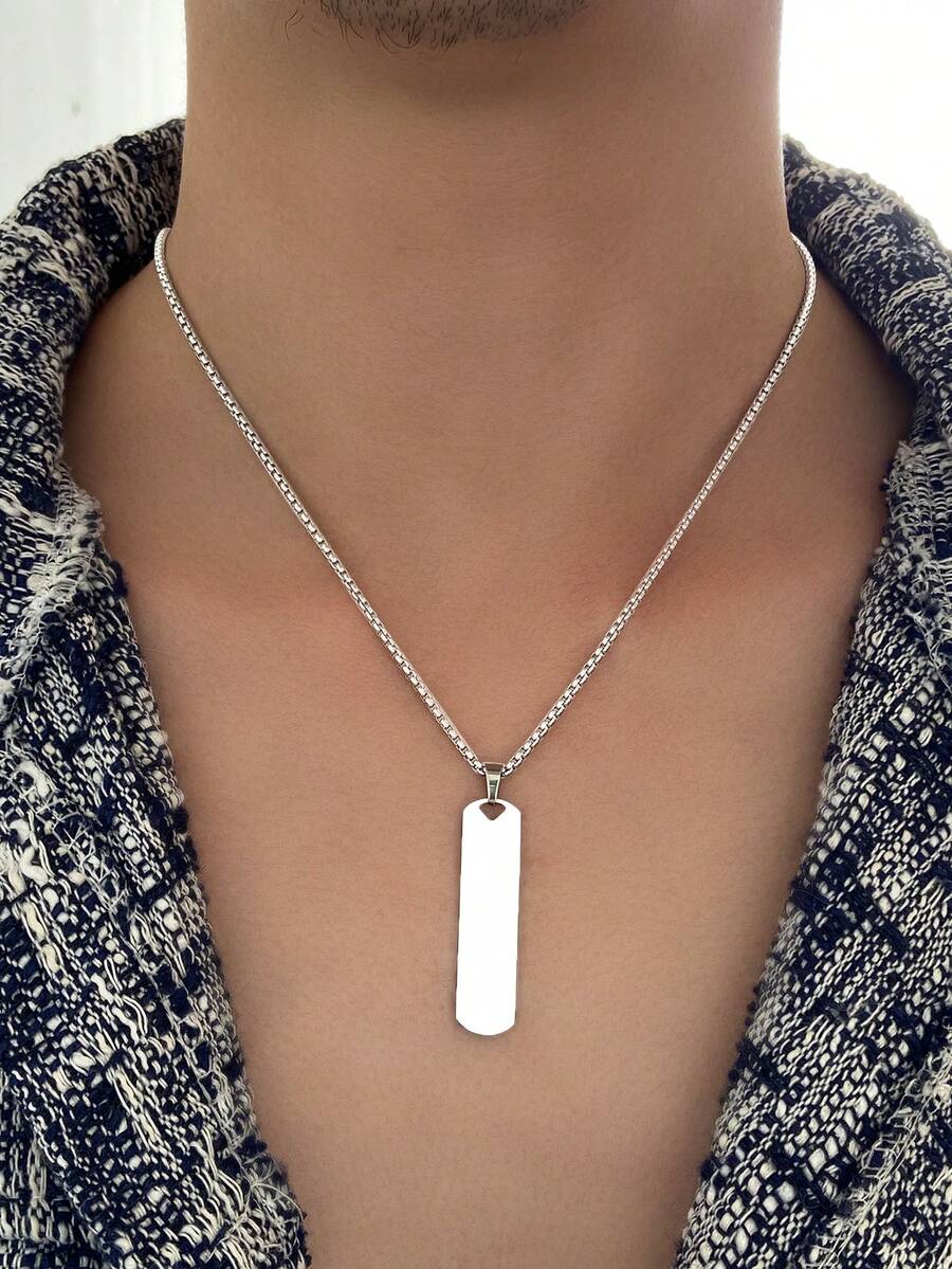 1pc Stainless Steel Men's Necklace, Minimalist Long Bar Pendant With Round Bead Chain, Geometric Element, Simple Commuter Style, For Daily Wear/Office/Outing - necklace - View 1