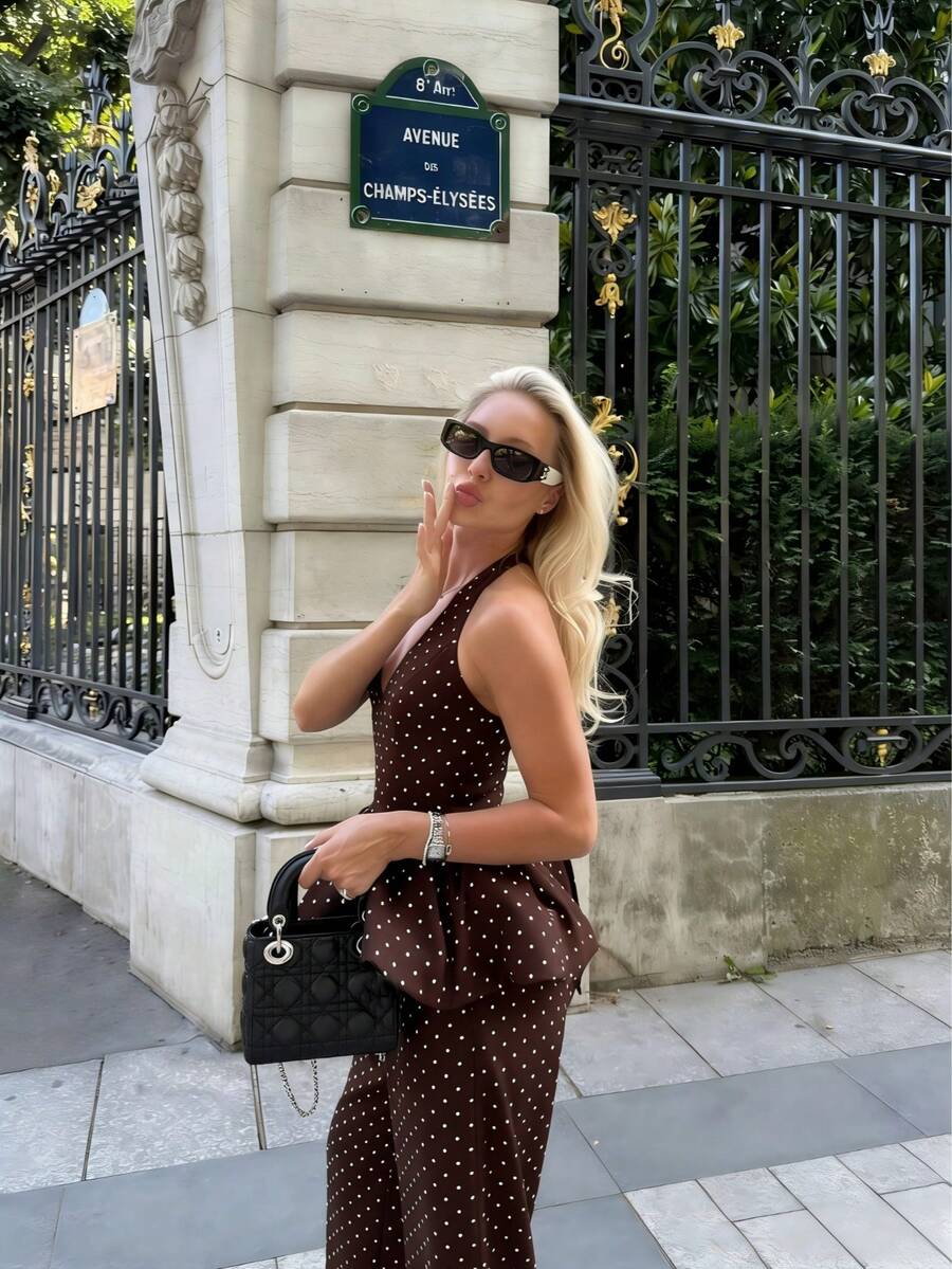 两件套波点优雅露背女装，适合度假和夏季日常穿着 - 咖啡棕 - 查看 1