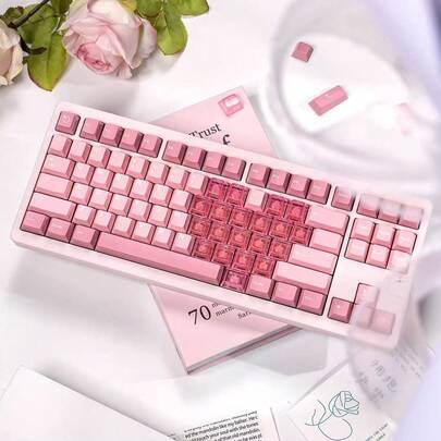 142 Keys Pink Heart Gradient Glitter Keycaps, ABS+PC Material Custom Made, Cherry Profile, Suitable For 61/64/68/75/84/87/96 Keyboards