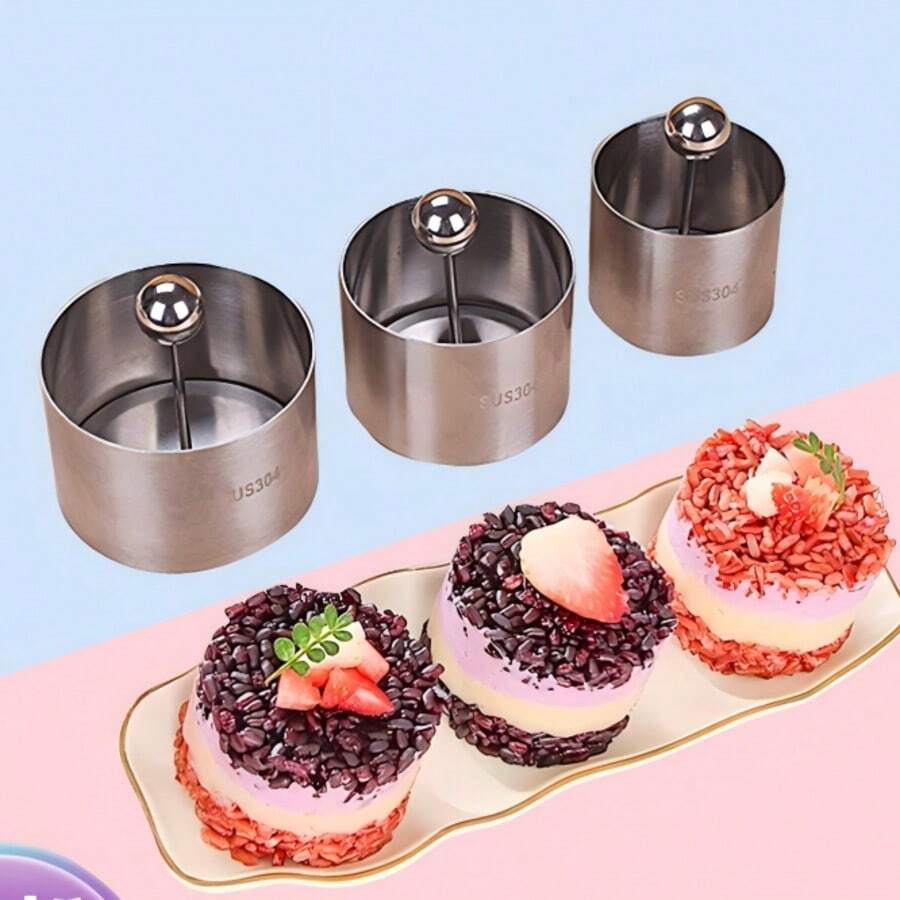 3 pièces Ensemble de moules à gâteau en acier inoxydable avec poussoir, convient pour sushi, riz aux haricots rouges, plats froids, pâtisseries, desserts, fait main, aliments, pour une utilisation professionnelle en cuisine et à la maison