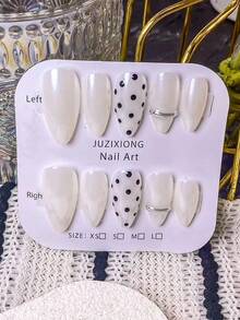 10 Pieces Handmade Almond-Shaped Press-On Nails, White Aurora Powder With Black Polka Dot Design. Hand-Painted White Base With Black Polka Dots And Handmade Silver Three-Dimensional Lines. Elegant, Romantic And Minimalist Press-On Nails, Luxurious, Sexy And Light-Luxury Nail Patches. Suitable For Daily Wear, Dates, Concerts And Business Casual Occasions. An Ideal Gift For Women And Girls. - Multicolor - View 5
