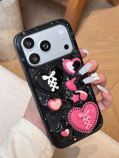 1个新款韩版ins风甜美可爱3D爱心星形设计手机壳，适用于 17 Pro Max，创意个性化，简约小众风格，时尚百搭保护壳，也适用于 16、15 Pro、14 Pro、13、12 Pro、11