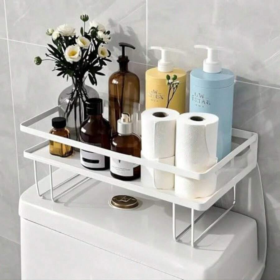 Estante de almacenamiento sobre el inodoro organizador de baño sobre el inodoro de gran capacidad que ahorra espacio instalación sin taladro acero grueso resistente al óxido Blanco 1 Nivel - Blanco - Ver 1