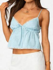 Women V Neck Y2k Babydoll Top Fairy Camisole Summer Ruffle Hem Tanks Cute Sleeveless Going Out Camis Shirt - Blue - View 4