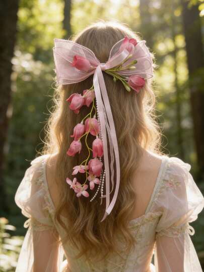 1个女士薄纱蝴蝶结发夹，垂坠铃兰和郁金香花环，柔软弹簧发夹，完美打造甜美校园风、海滩摄影、夏季音乐节和波西米亚风旅行发型