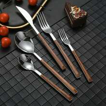 30pcs Stainless Steel Cutlery Set, Silverware Set With Wooden Grain Handles, 5-Person Setting, Dishwasher /Easy Clean, Mirror Polished - Silver - View 7