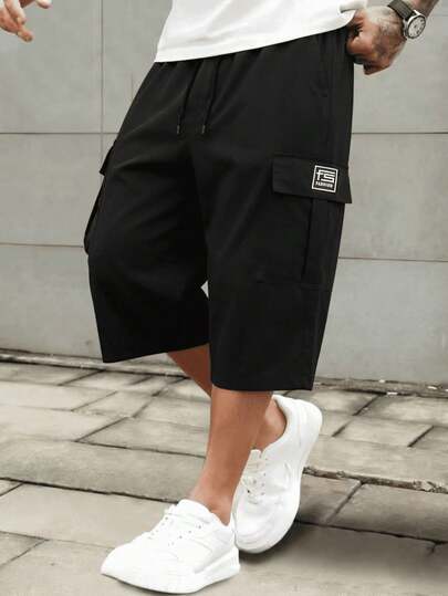 Men's Black Casual Sports Cargo Shorts, Practical Pockets, Suitable For Daily Wear And Sports