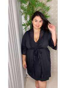 Robe Plus Size Hobbie Renda Luxo Roupão Penhoar - Preto - Visão 2