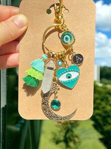 1 pieza Llavero con colgante en forma de ojo del diablo y luna de cristal verde natural y de strass verde, accesorio para mochila, llavero de coche, pequeño regalo de uso diario - Verde - Ver 3