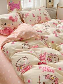 Bộ chăn ga gối 4 món in hình Hello Kitty dễ thương của Sanrio (1 vỏ chăn + 1 ga trải giường + 2 vỏ gối, không kèm ruột chăn) Mềm mại và thoải mái, 100% polyester, phù hợp cho ký túc xá, phòng ngủ gia đình, khách sạn, mọi mùa, có khóa kéo và vỏ gối, nhiều màu sắc, bền chắc. - Màu Hồng baby - Xem 3