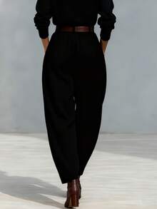 Women's Solid Color Zipper Pocket Pleated Casual Loose Pants (Belt Not Included) - Black - View 2