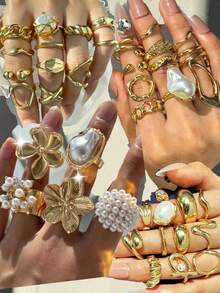 33/26/21/18/15/9/6pcs Set Vintage Bohemian Style Minimalist Elegant Retro Design Stackable Rings, Includes Floral, Bow, Pearl, Twist, Heart, Rhinestone, Leaf, Moon, Star, Eye, Geometric, Cross, Thick Rings, Suitable For Holidays, Parties, Dates, Gifts, Daily Wear (Random Assortment) - Multicolor - View 7