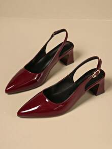 New Arrival Women Spring Autumn Solid Color Sexy Pointed Toe Block Heel Sandals, Back Pull‑Tab High Heels For Commute Club Party, Match Dresses - Burgundy - View 7