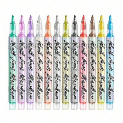 12pcs Nail Art Painting Pens, 0.7mm Acrylic Paint Markers, Waterproof Nail Polish Pens, Quick Dry Dotting Tools, Detailed 3D Nail Art Markers, Suitable For Home And Salon DIY, Durable And Rich In Details