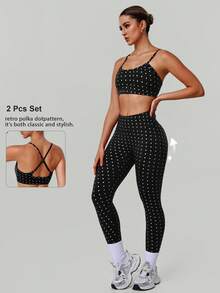 2 PCS CO Ord Sportswear Set Women's Polka Dot Print Adjustable Cross Straps Backless Sports Bra And High Waist Hip Lifting Sports Yoga Leggings - Black - View 2