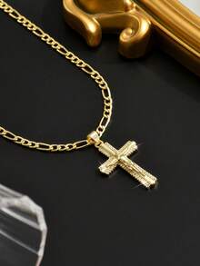 1pc Men's Figaro Chain + Micro-Inlaid Zirconia Jesus Cross Necklace, Classic Hip-Hop Versatile Accessory, Fashionable Men's Jewelry Suitable For Hip-Hop Outfits And Daily Wear - Yellow Gold - View 4