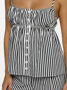 Ensemble top à bretelles fines sexy, top rayé à design boutonné et pantalon large. Tenue élégante de style universitaire vibrante pour la saison des remises de diplômes. Nouvelle arrivée printemps/été - Noir et Blanc - Voir 4