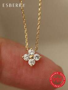 1pc Cubic Zirconia Four-Leaf Clover Flower Pendant Necklace, Made Of S925 Sterling Silver, Exquisite Jewelry Gift For Women, Birthday Party Or Date - Four-leaf Clover Diamond Necklace - View 1