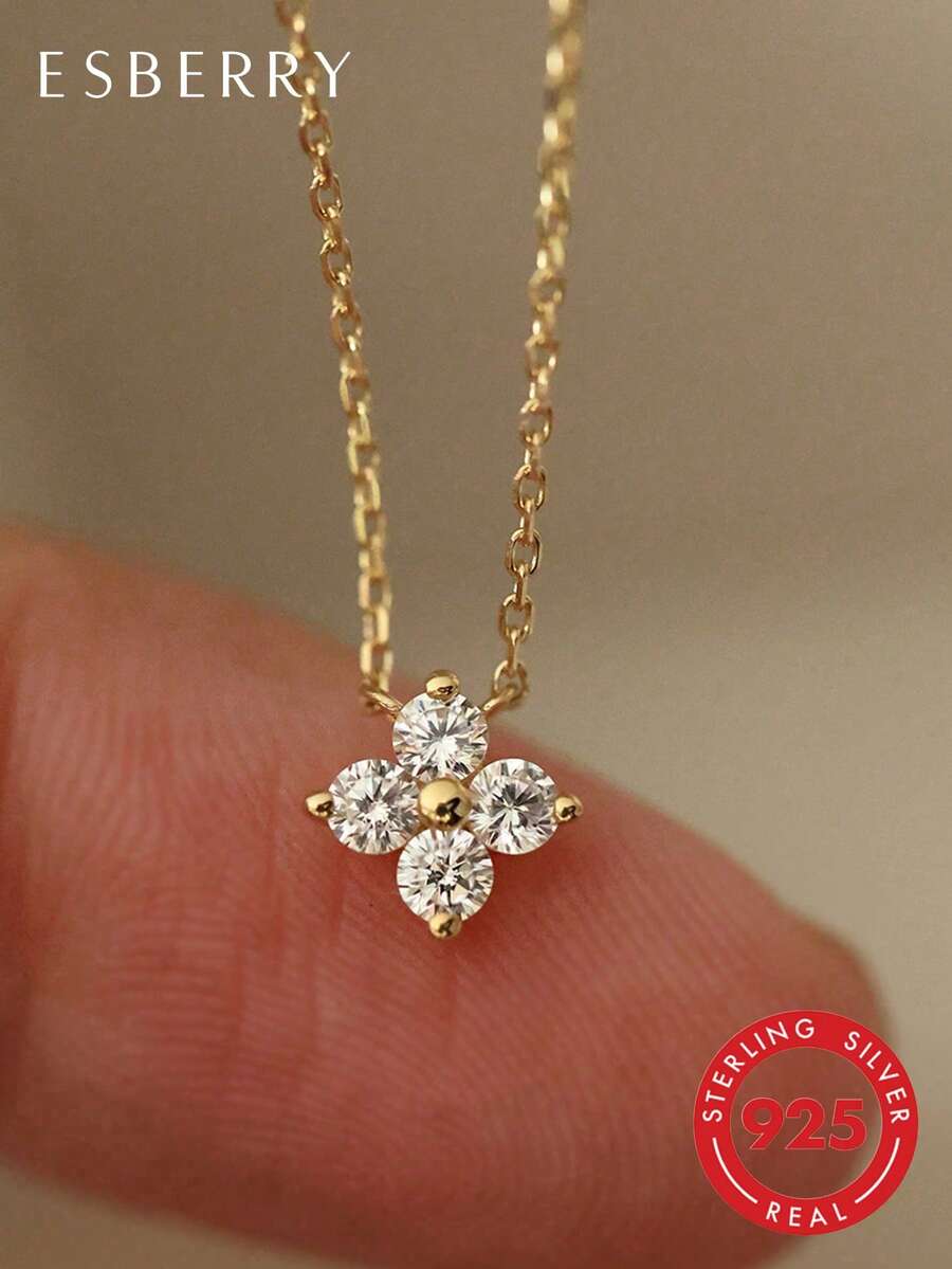 1pc Cubic Zirconia Four-Leaf Clover Flower Pendant Necklace, Made Of S925 Sterling Silver, Exquisite Jewelry Gift For Women, Birthday Party Or Date - Four-leaf Clover Diamond Necklace - View 1