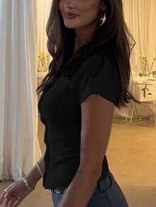 女款休閒鈕扣短袖針織上衣 春夏街頭風 - 黑色 - 查看 5