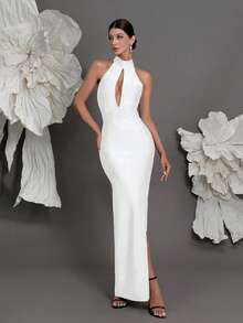 Halter Neck Knitted Bandage Dress, European And American Luxury New Arrival Evening Gown, Fashion Sexy Bodycon Dress For Family Parties, Cocktail Parties Wedding Party White - White - View 5