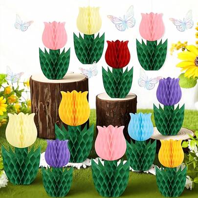 6 piezas Decoraciones de panal con tulipanes, Decoración central de flores de tulipán, Decoraciones de fiesta de primavera, Decoración central de primavera, Adecuado para el Día de la Madre, Fiesta de primavera, Día de la Mujer, Decoraciones de fiesta de cumpleaños, Suministros para fiestas en el hogar de vacaciones