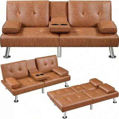 Faux Leather Sofa Bed Convertible Futon Sofa With 2 Throw Pillows Cup Holders