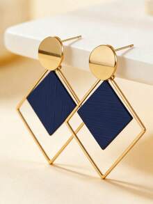 imoli 1 Pair Vintage Copper Geometric Square & Round Hoop Earrings For Women, Creative Gift - (The Square Pieces May Vary In Pattern Depth And Details Due To Batch Differences) - 9814-4-blue - View 10
