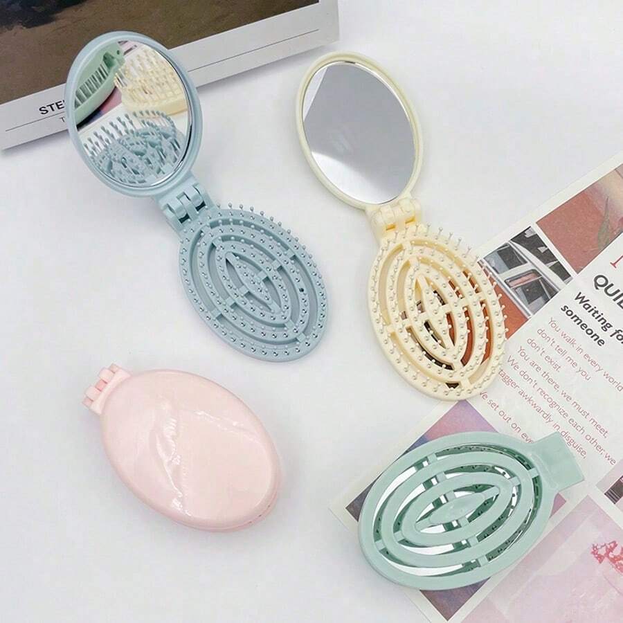 1 Piece Of Cream Colored Foldable Comb, Portable, With Built-In Mirror Foldable Comb - Cream Colored, Portable, With Built-In Mirror