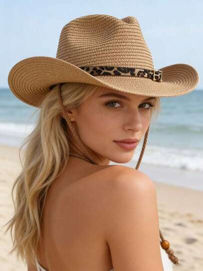 This Is A Summer-Style Straw Denim Hat With A Leopard Print Decorative Button And A Windproof String. It Is A Hat With Sun Protection Function, Suitable For Beach Vacations And Music Festival Events.