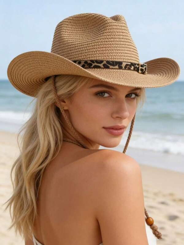 This Is A Summer-Style Straw Denim Hat With A Leopard Print Decorative Button And A Windproof String. It Is A Hat With Sun Protection Function, Suitable For Beach Vacations And Music Festival Events.