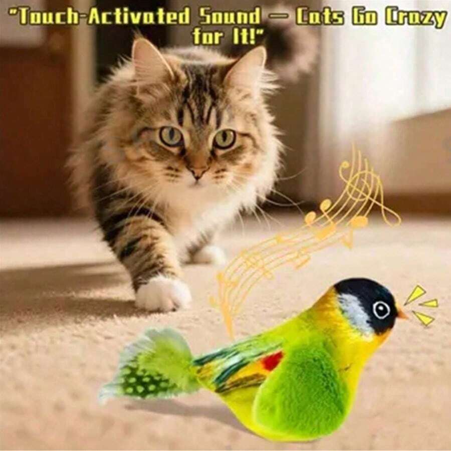 互动猫玩具 - 逼真的啁啾声，人造羽毛，柔软的羽毛棒，手工制作，可独自玩耍和狩猎，适合所有猫咪 - 彩色 - 查看 1