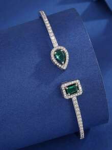 1pc Open Bangle Bracelet, Fashion Minimalist Water Drop Square Design, Micro-Inlaid Zirconia Copper, Suitable For Daily Wear, Valentine's Day Gift - Green - View 7