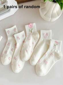 1/5 Pares de Meias de Tornozelo Femininas com Laço e Estampa Floral Fofa, Estilo Universitário INS, Meias Curtas Macias, Respiráveis e com Absorção de Umidade para Uso Diário, Esportes, Looks Casuais, Escola e Moda para Todas as Estações - Multicolorido - Visão 11