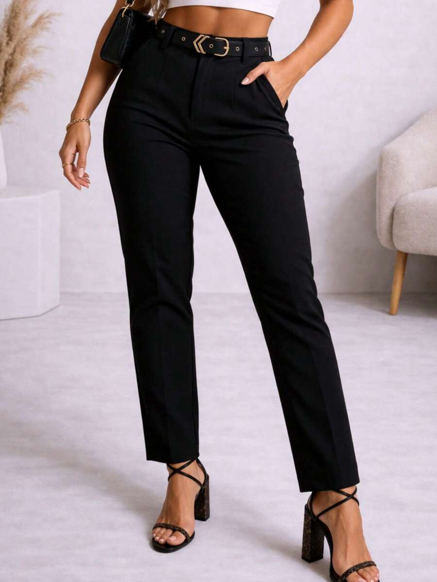 Women's Tailored Dress Pants With Elegant Belt And Buckle, Skinny Style, High Waist. - 黑色 - 查看 1