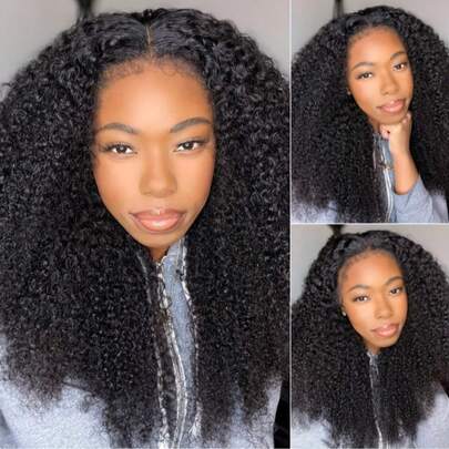 funky girl 非裔蓬松卷曲13X4蕾丝前假发 - 高清透明，预先拔毛，自然色真人发，女士适用，无需胶水，即戴即用