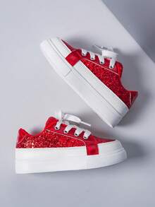 Kids' New Contrast Color Sequin Lace-Up Low-Top Casual Sneakers - Red - View 6