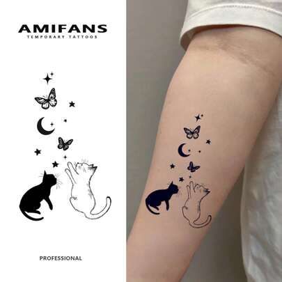 AMIFANS Temporary Tattoo Cute Cats & Moon Stars, Semi Permanent Tattoo,Lasting 1-2 Weeks Tattoo, Long Lasting Tattoo, Juice Tattoo, Realistic Tattoo, Romantic Tattoo, Fake Tattoo, Waterproof, Authentic Tattoo Look, Niche Design Tattoo, Fruit Tattoo, Plant-Based Tattoo