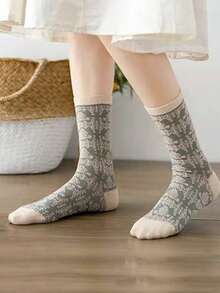 5/9 Pairs (Random Mixed) Women's Multicolor Retro Floral Elegant Versatile Polka Dot Mid-Calf Socks, Suitable For Daily Wear & Gatherings - Multicolor - View 4