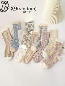 5/9 Pairs (Random Mixed) Women's Multicolor Retro Floral Elegant Versatile Polka Dot Mid-Calf Socks, Suitable For Daily Wear & Gatherings - Multicolor - View 8