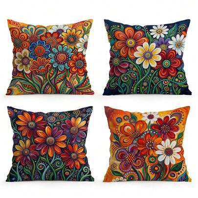 4pcs Vibrant Watercolor Floral Pattern Pillow Covers, Single-Sided Printed Cushion Covers, Suitable For Living Room, Bedroom, Home Decor, All Seasons