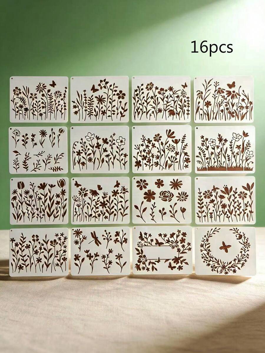16pcs Plant & Butterfly Hollow Template, Spring Flower Stencils For Ceramic, Wall Painting, Handicraft, Paper, Fabric Tracing, Spray Painting, Graffiti, Reusable Plastic Material