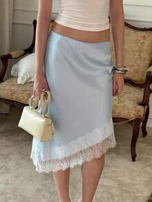 Women Satin Silk Lace Trim Midi Skirt Elastic Waist Irregular Hem Silky Long Skirt Vintage Half Slip Skirts For Under Dress Y2K A Line Bodycon Going Out Skirts Party Club Beach Vacation Knee Length Skirt Streetwear - 藍色 - 查看 1