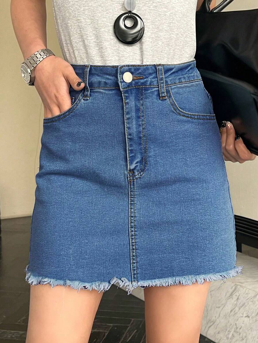 Váy mini denim cạp chun viền tua rua thường ngày cho nữ, mùa hè - Rửa trung bình - Xem 1