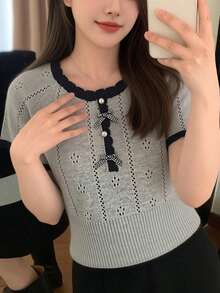 女士休闲简约撞色滚边圆领短袖上衣，夏季 - 灰色 - 查看 5