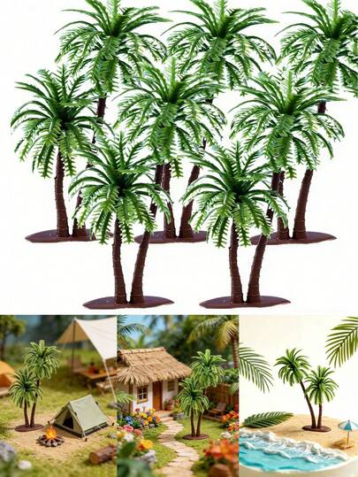 10pcs Tropical Mini Palm Tree Decor, Rainforest Scene Accessories, New Dual Coconut Tree Fake Palm Tree Fairy Garden Outdoor Toy Coconut Indoor Party Hawaiian Theme Cake Decoration And Party Supplies Micro Landscape DIY Glass Bottle Decor
