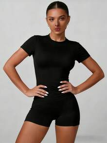 Casual Women Two Piece Outfit Short Sleeve Round Neck Tee With Shorts Knitted Fabric Set Medium Stretch - 黑色 - 查看 5