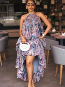 Women's Clothing Floral Print Sweet Lace-Up Print Sleeveless Midi Dress Summer Dresses Wedding Guest Dress Vacation Outfits Prom Dress Under Graduation Gown Outfit Boho Clothing Halter Off-Shoulder Dress - 花色 - 查看 1