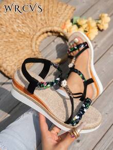 WRCVS Sandalias con correa tejida, sandalias de plataforma de verano con suela gruesa, zapatos tejidos hechos a mano con cuentas, sandalias ligeras para vacaciones, zapatos de estilo bohemio con aumento de altura, sandalias al aire libre con patrón aleatorio, sandalias de cuña - Negro - Ver 3
